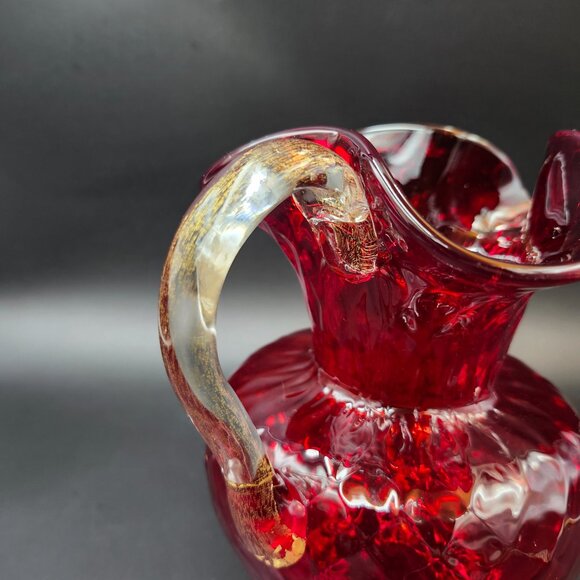 Vintage Art Glass Red Quilted Jug Ewer Applied Handle - Picture 3 of 16
